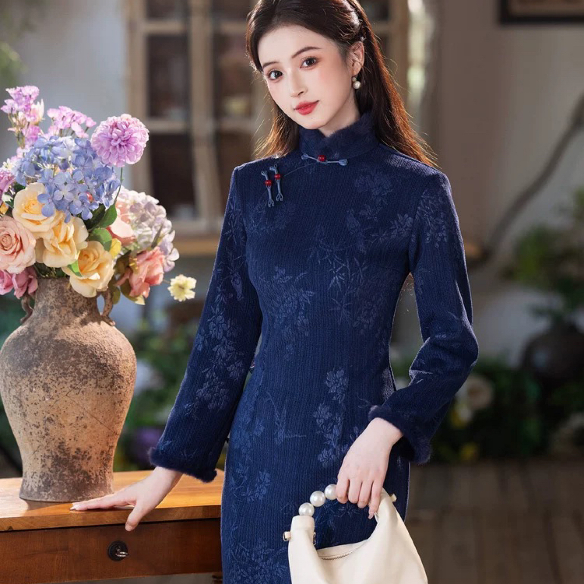 【2975 温暖相伴 蓝色】显瘦气质修身优雅复古中国风旗袍