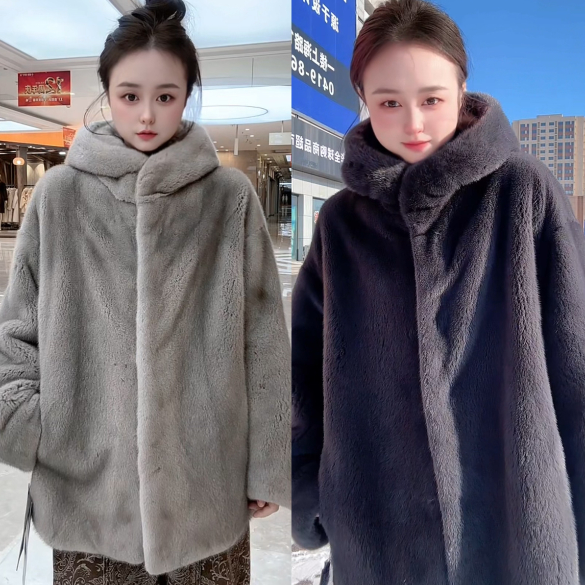 2025新款高级灰连帽貂皮外套