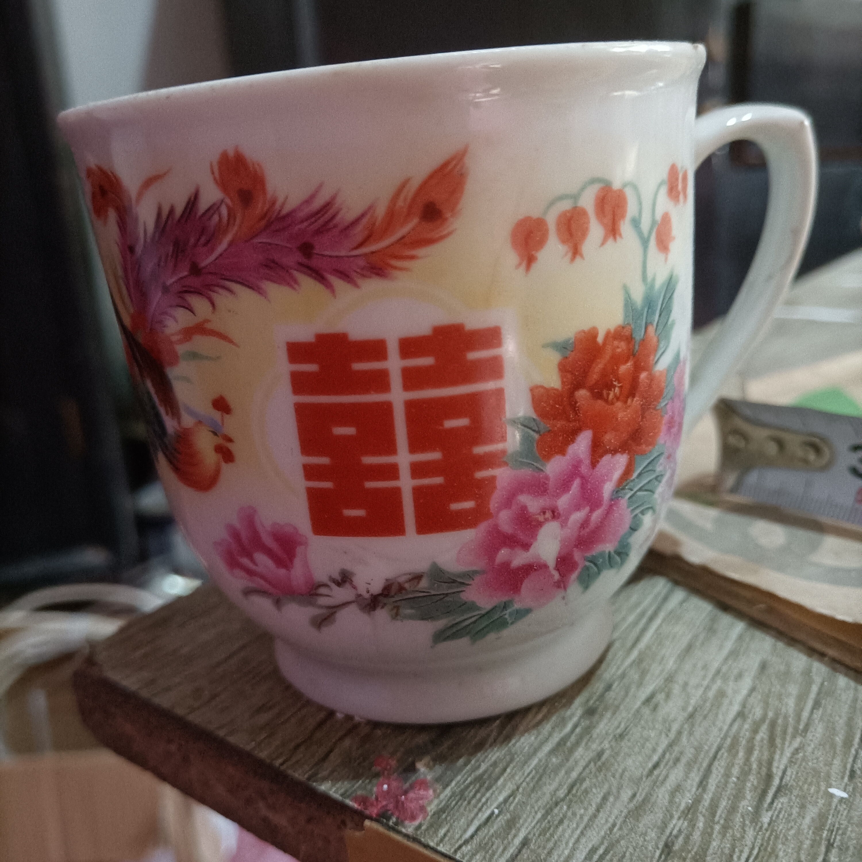 釉下五彩陶瓷双喜茶杯子350cm