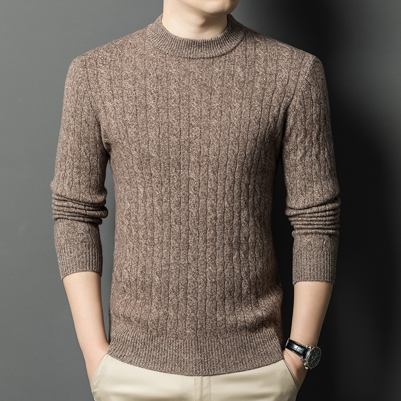 男装绞花全羊毛衫圆领加厚商务高端休闲针织衫保暖纯色百搭上衣