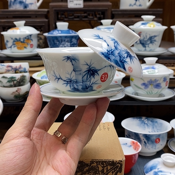 手绘竹子悬停盖碗150cc釉下彩微瑕福利款