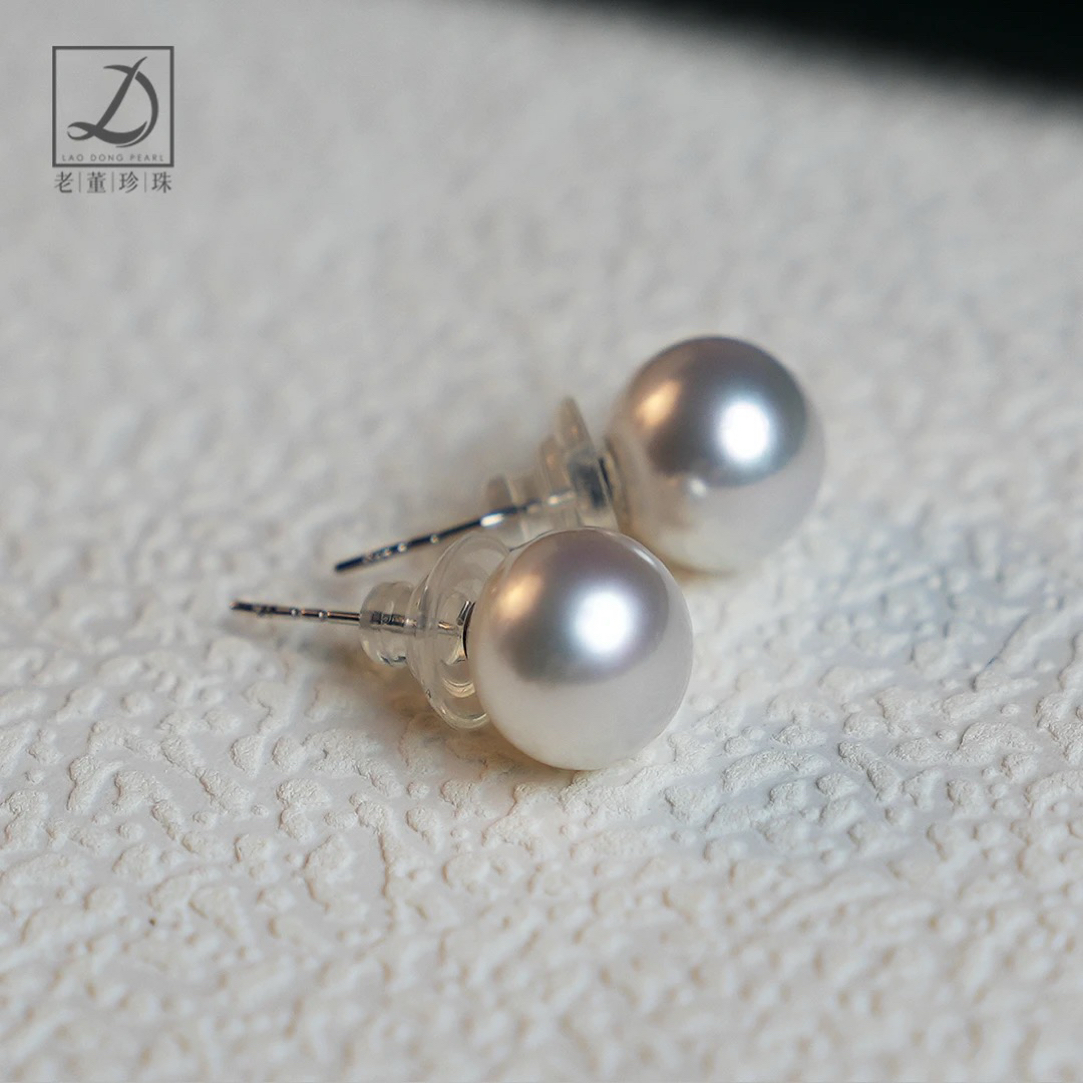 18k金11-12mm澳白馒头珍珠耳钉