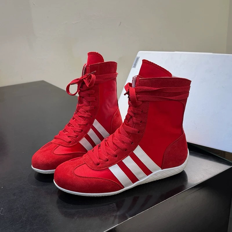 高帮平底拳击运动鞋女2025年夏季新款真皮圆头百搭休闲鞋系带9001