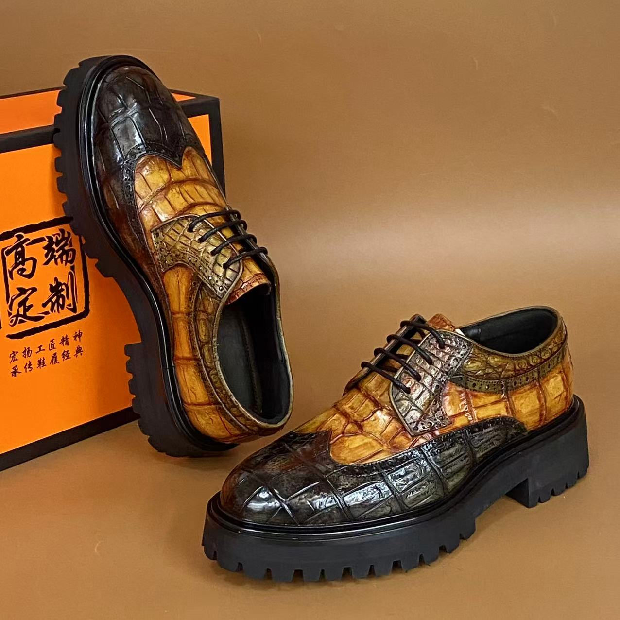 铭哥家2025新款高端擦色鳄鱼皮时尚商务德比男鞋
