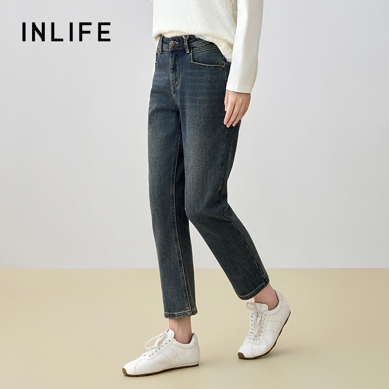 [粉丝专享] 伊纳芙冬季新款高腰修身显瘦美式复古直筒裤Q49AK9237