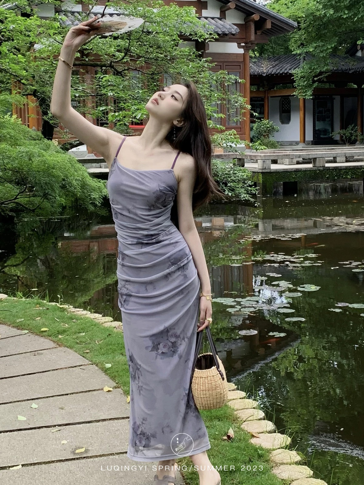 原创【紫玉钗】玫瑰晕染吊带裙女夏立体褶皱设计印花连衣裙