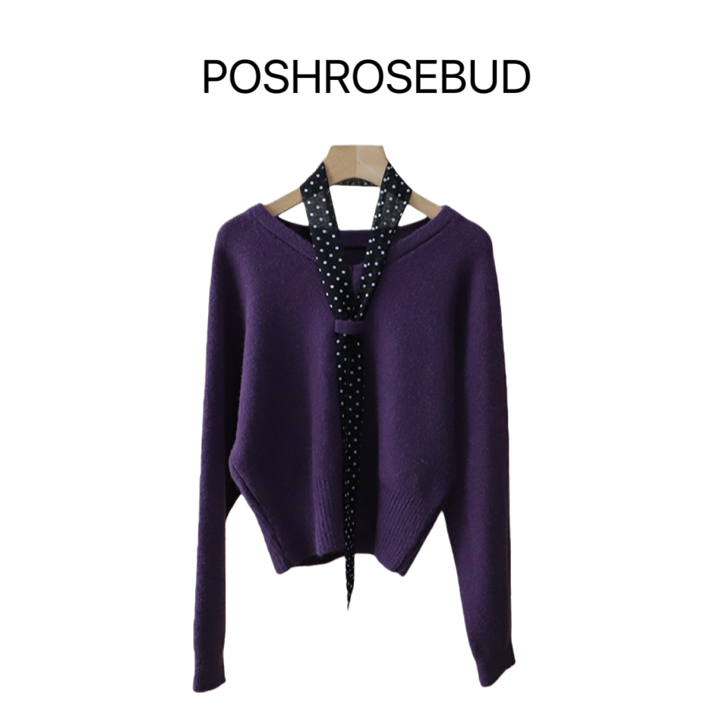 v领法式复古气质波点丝巾领带套头针织衫女秋冬软糯加厚短款毛衣