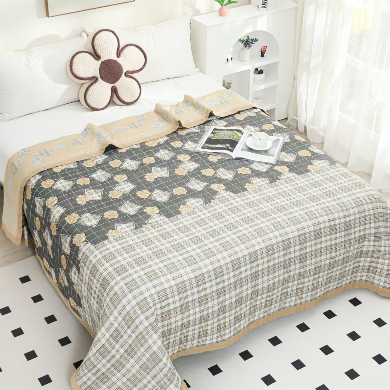 【Y床盖-百花阁】230*250cm可铺可盖多层纱布亲肤通用高端床盖