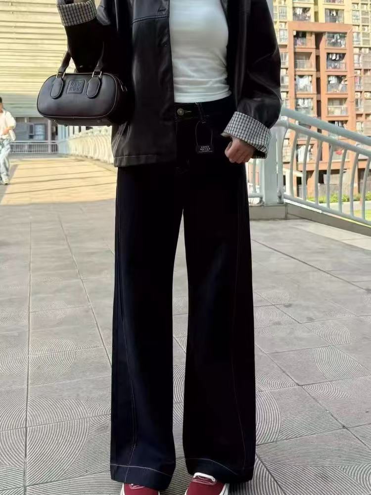 美式复古高腰窄版牛仔裤2025秋季新款大码胖mm梨形身材显瘦阔腿裤