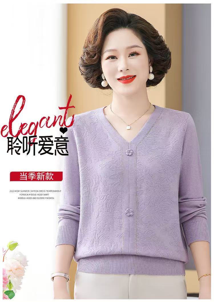 V领纯色10089厚款中老年女装时尚长袖针织衫开衫