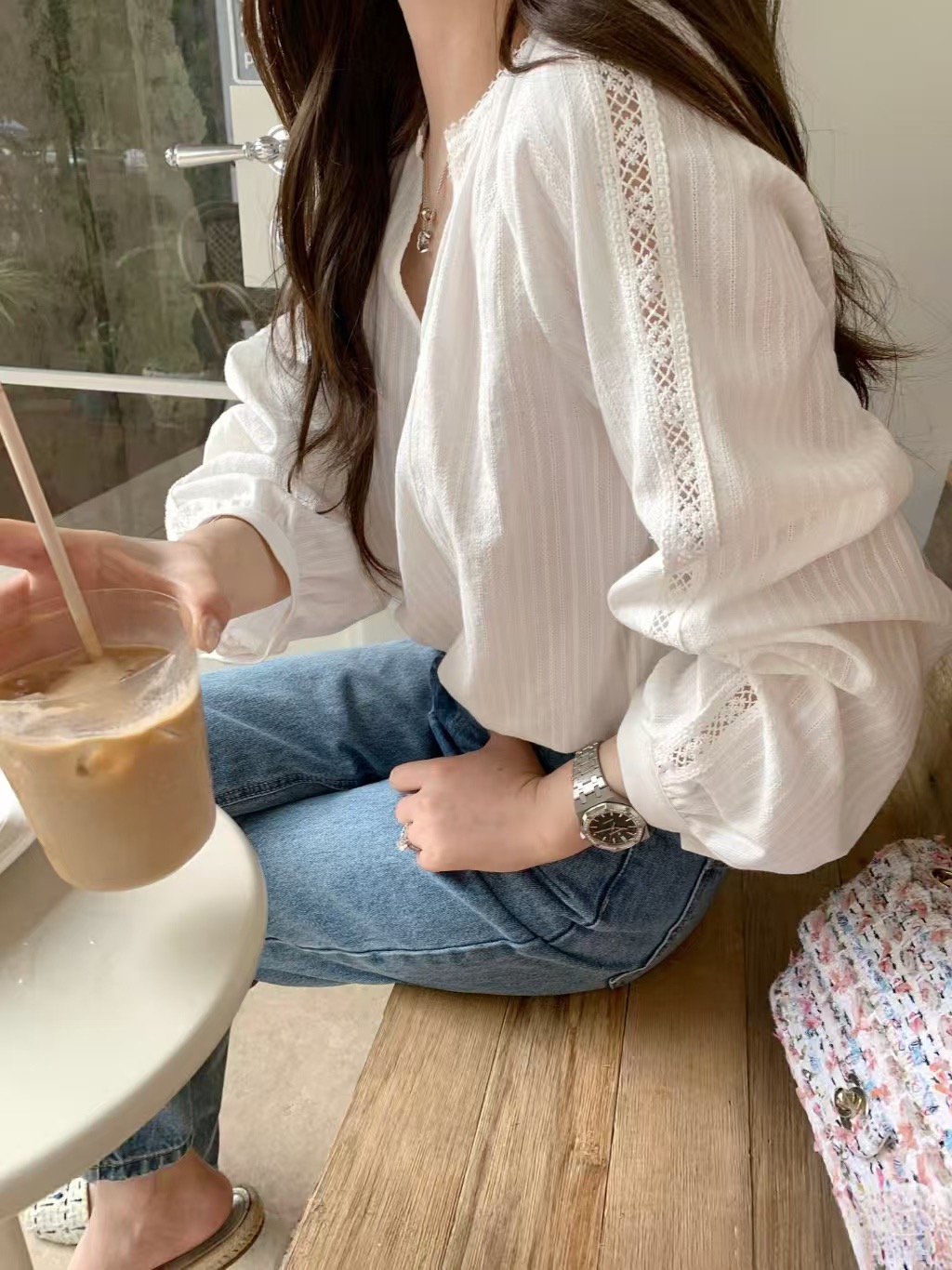【运费补贴】2025秋法式百搭纯棉简约蕾丝拼接V领气质女长袖衬衫