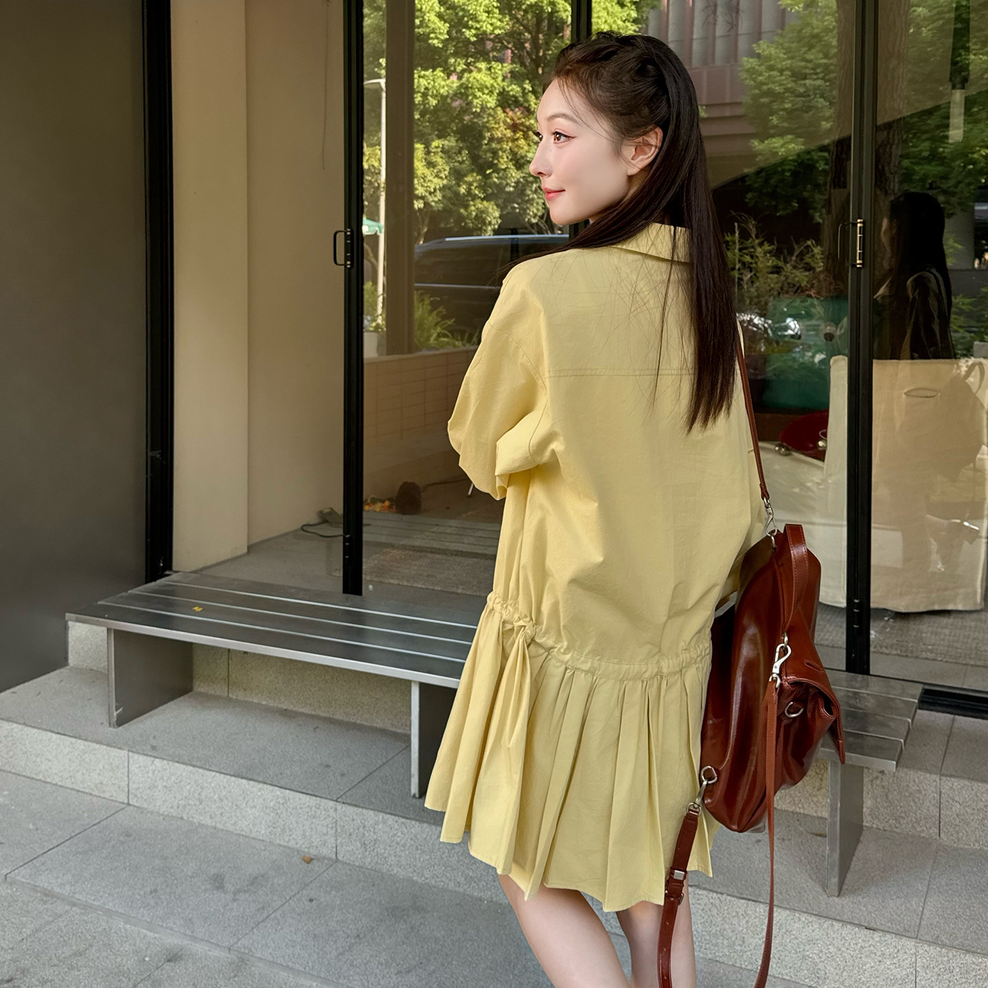 徐梓琳Wardrobe 原创Atelier香槟柔黄隐织肌理感衬衫裙短款连衣裙