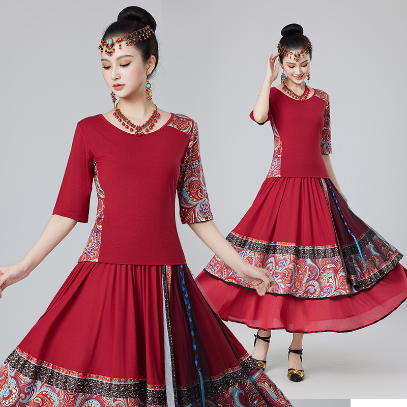 古典舞练功服新款复古民族风圆领中袖上衣长裙套装红色跳舞演出服
