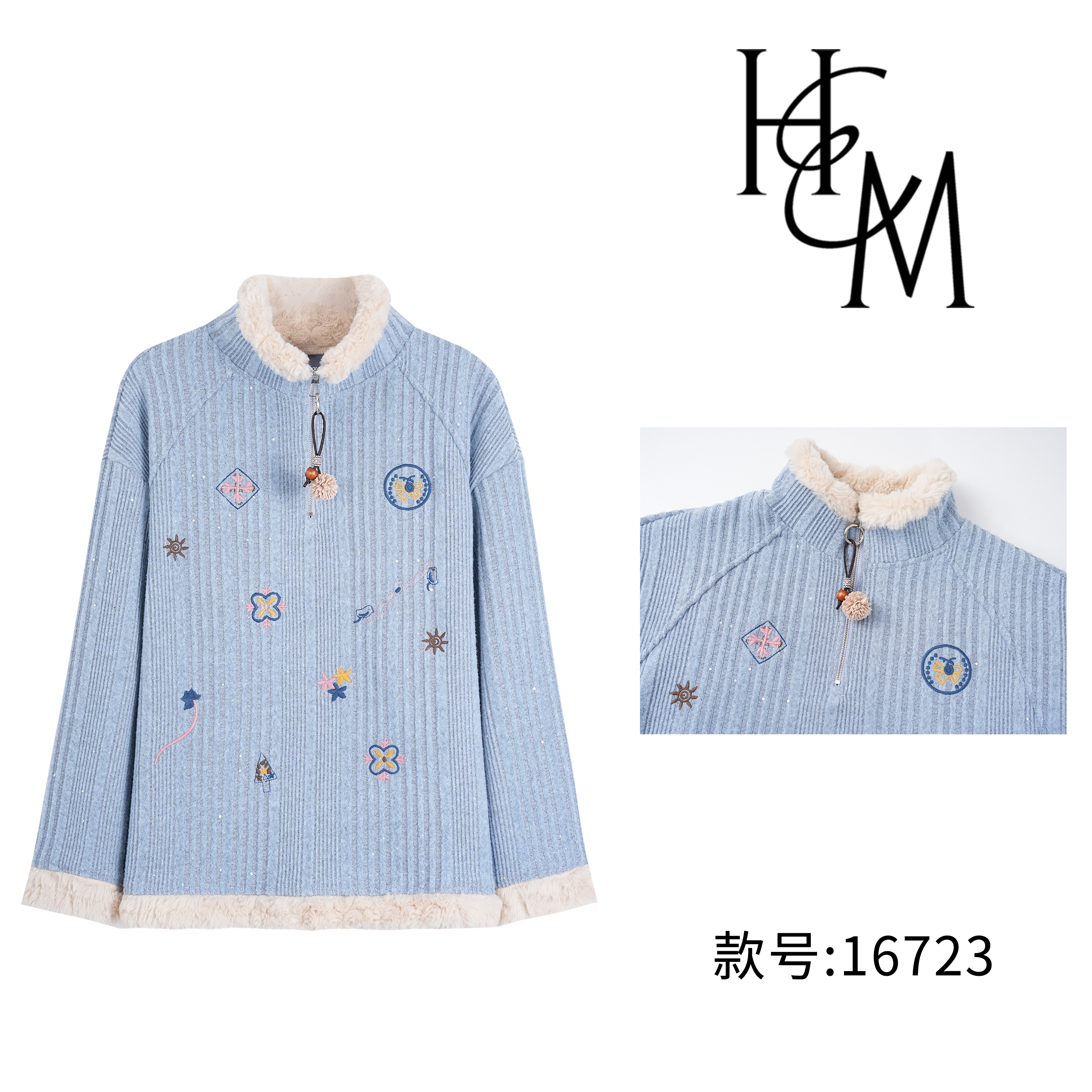 秋冬加绒加厚保暖刺绣拼接上衣【16723】