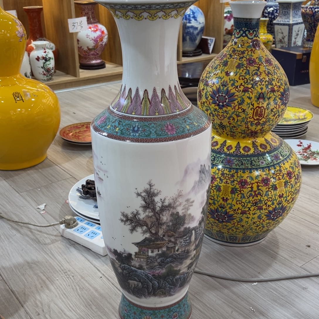 彼***岸陶摆件两个65cm烟雨江南金钟瓶