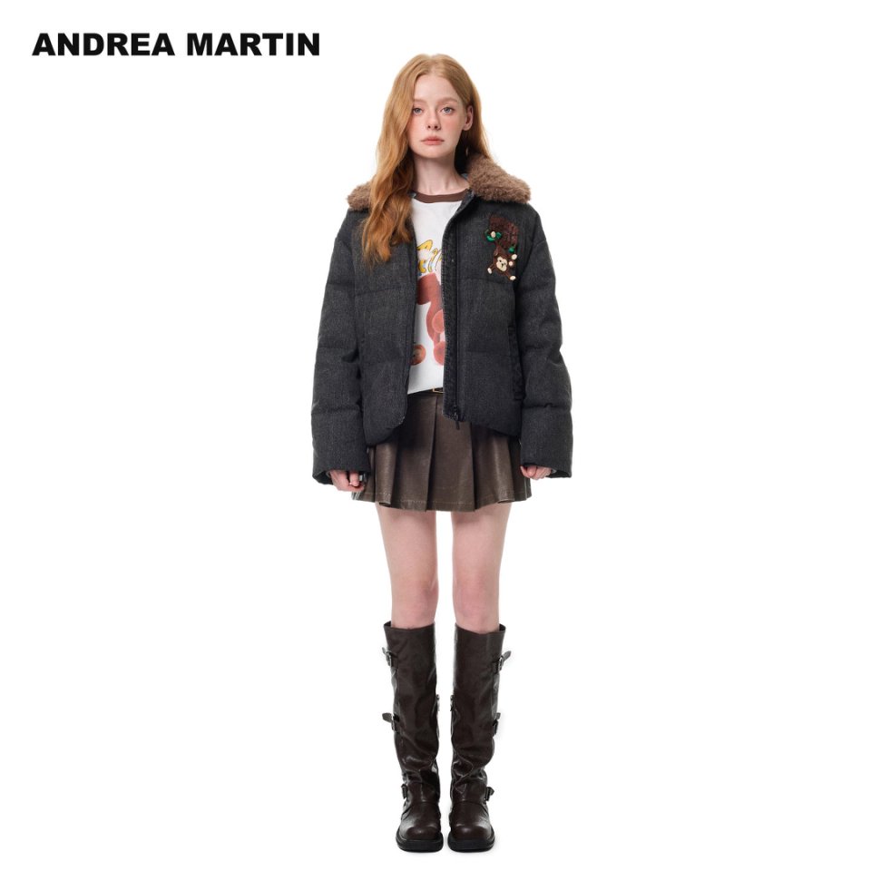Andrea Martin 25秋冬新款复古牛仔钩织猴子可脱卸毛领保暖羽绒服