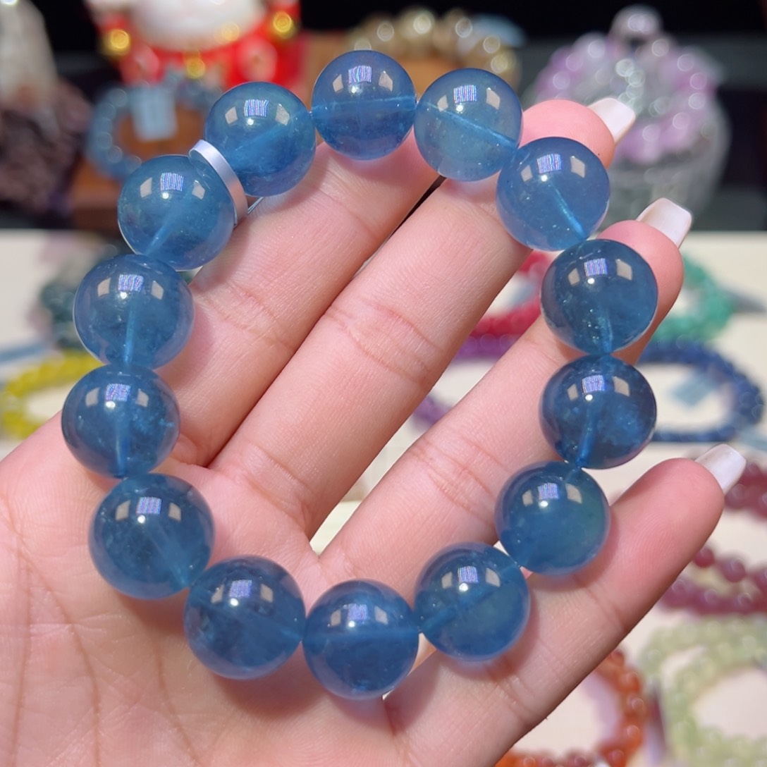 水晶手串未镶嵌小*儿魔鬼蓝海蓝宝15mm