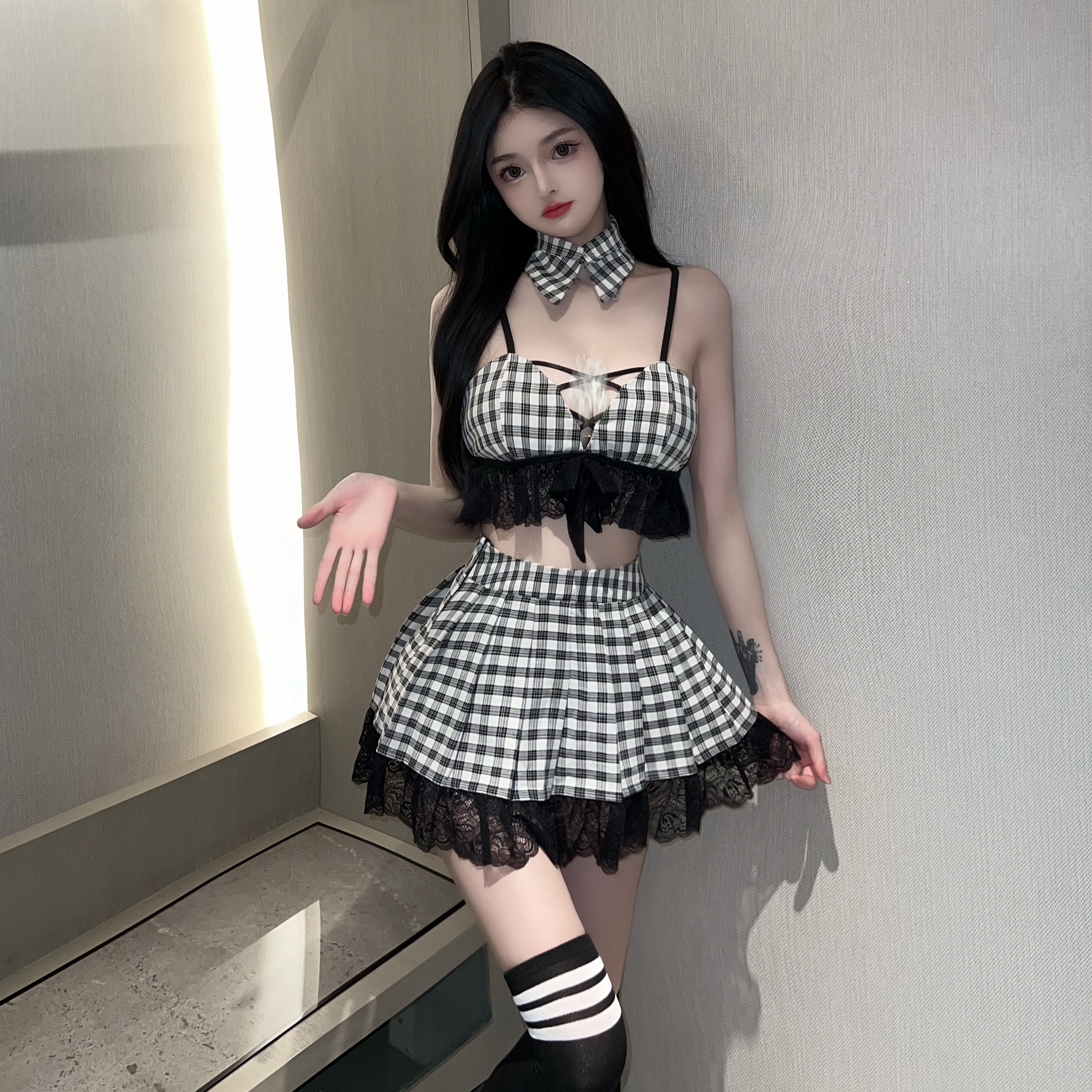 「元气派学妹」性感纯欲蕾丝格纹学院套装美背睡衣薄款吊带镂空