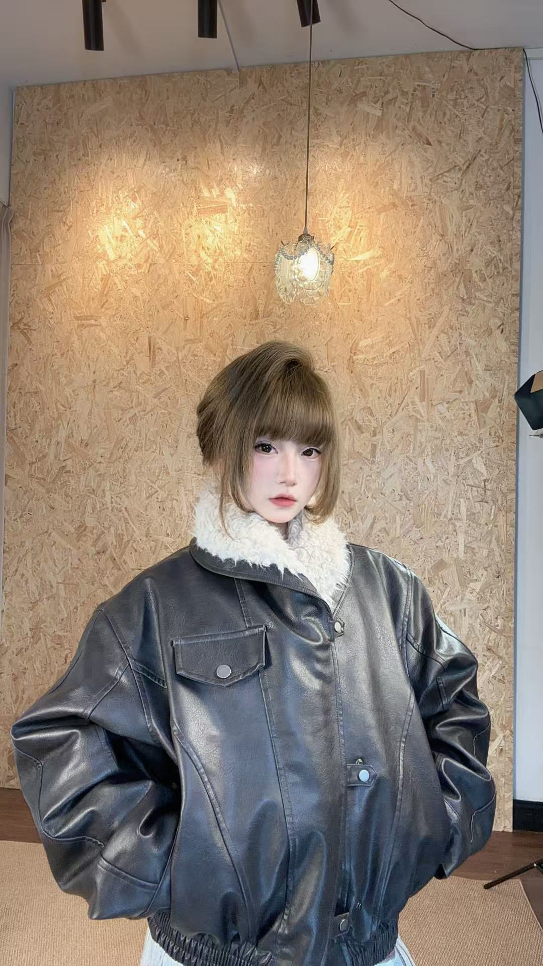 【雾屿皮绒】美式复古羊羔绒翻领皮衣冬季防风座山雕机车服外套