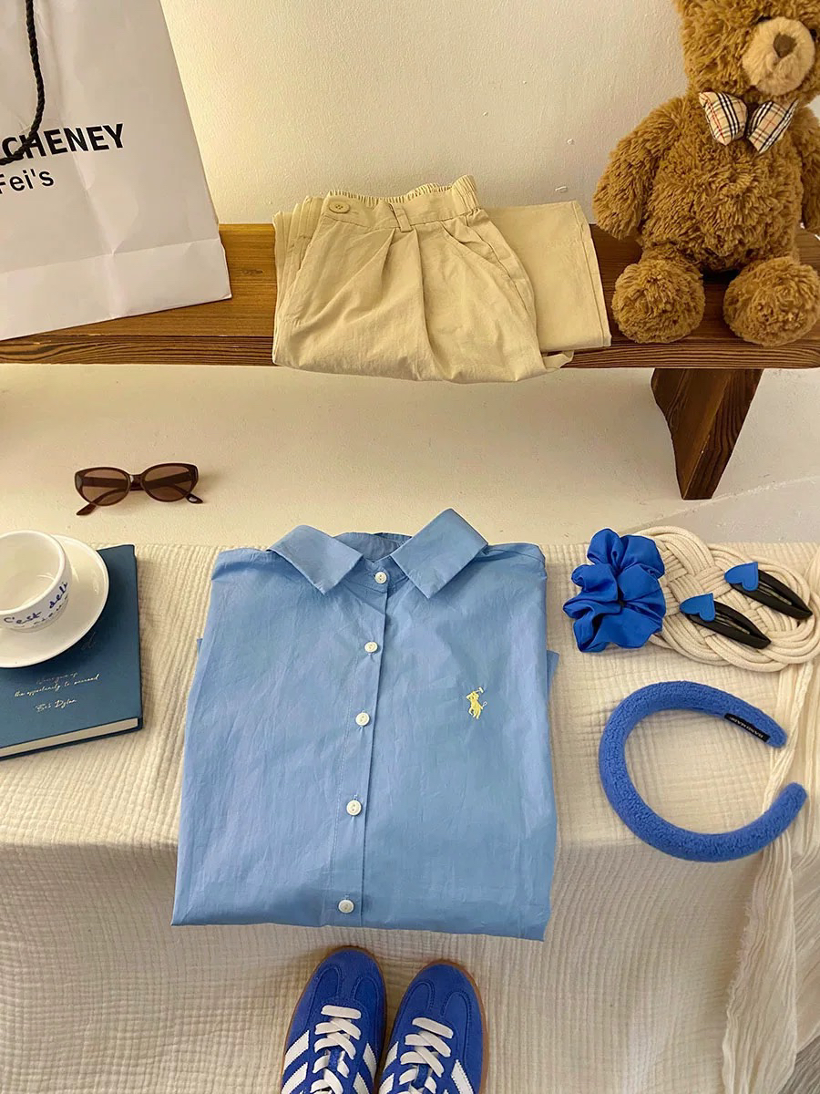 A（A200-299编码）韩系休闲刺绣短袖衬衫女夏宽松百搭衬衣气质上衣