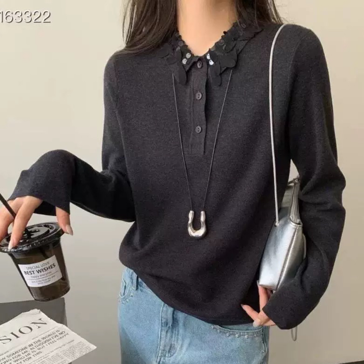 〔珠片花瓣领〕〔不可机洗〕欧站复古珠片花边领半开扣针织上衣