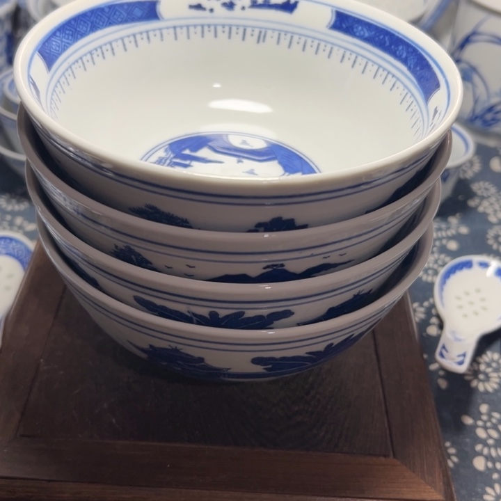 陶青花6寸梧桐面碗4个小小微瑕