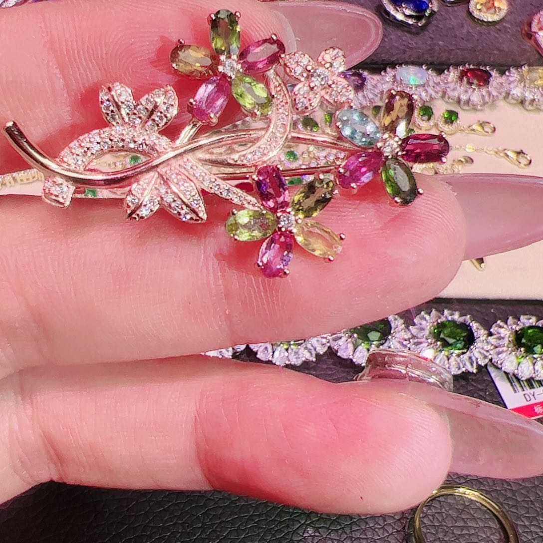 碧玺碧玺胸针银S925镶嵌