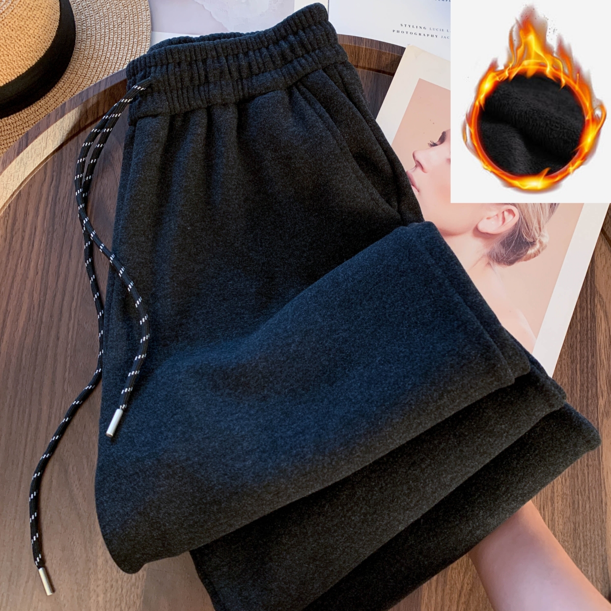 保暖阔腿裤女秋冬2025新款加厚直筒休闲加绒卫裤慵懒风抽绳直筒裤