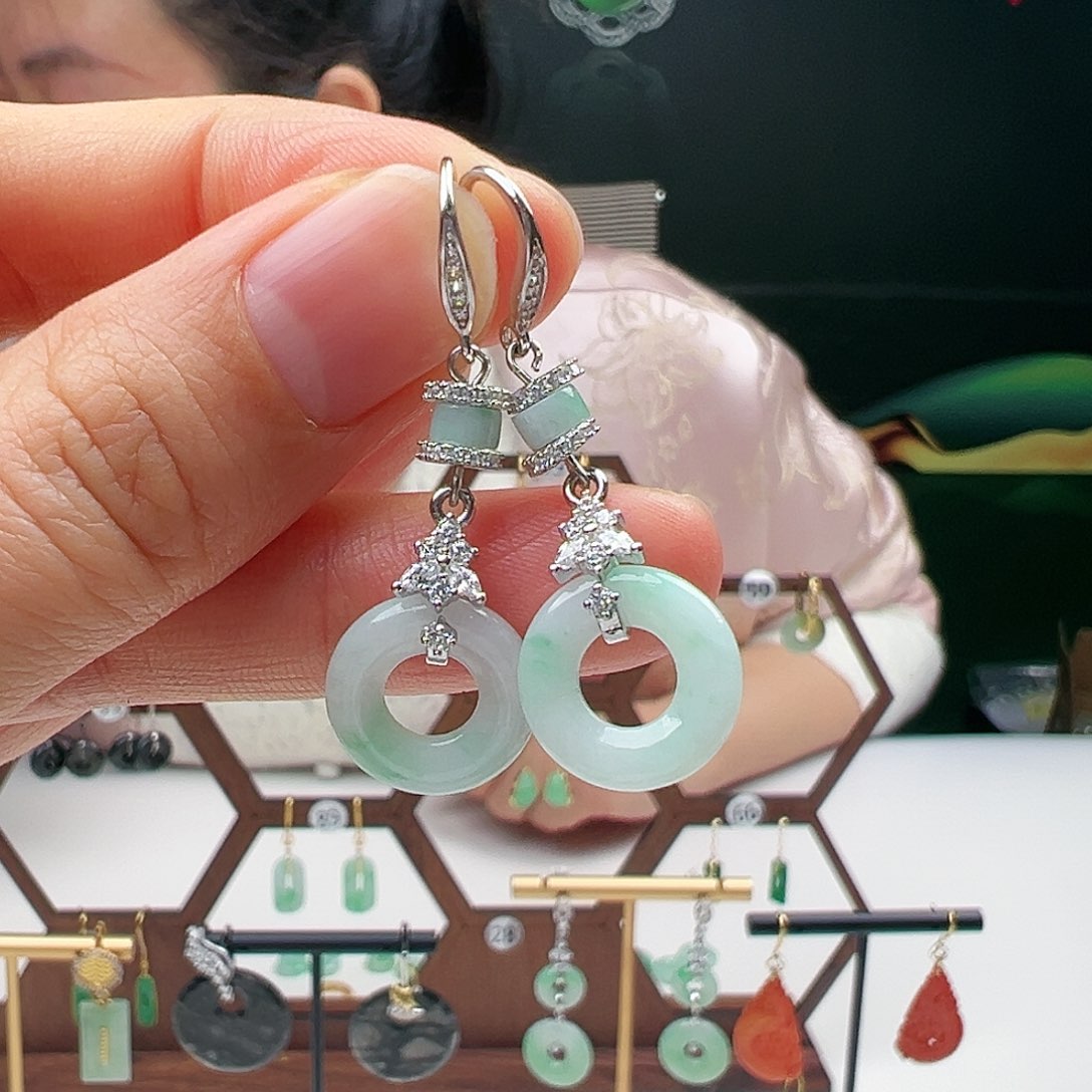 翡翠耳饰银S925镶嵌天然翡翠