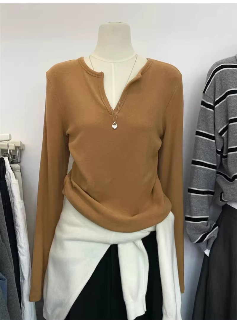 2025韩国JASMIN秋冬纯色v领净版宽松百搭显瘦打底衫长袖T恤3451