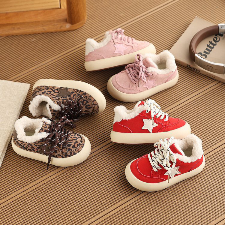 儿童豹纹板鞋2025冬季新款女童加绒保暖德训鞋男童棉鞋女宝运动鞋