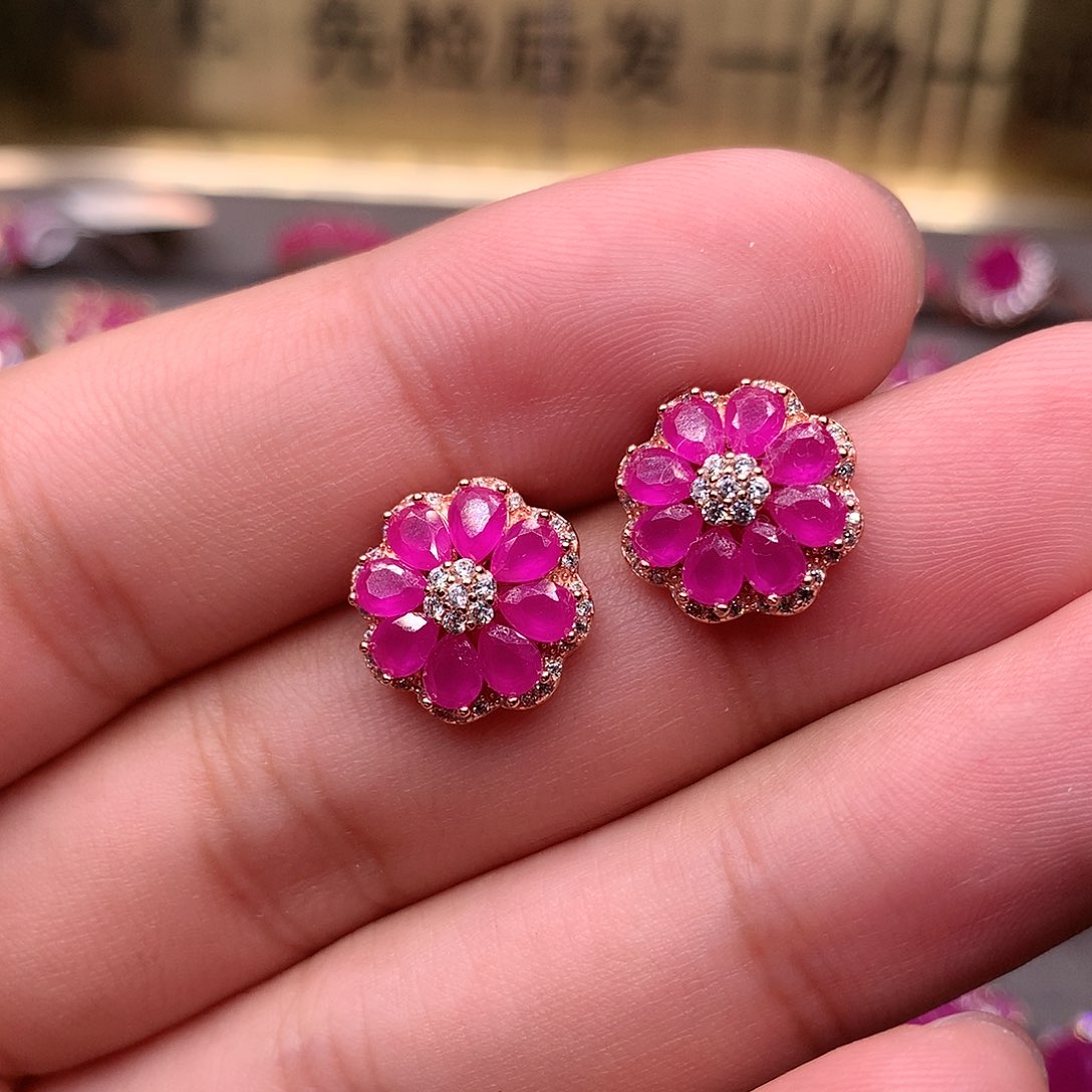 红宝石耳饰银S925镶嵌