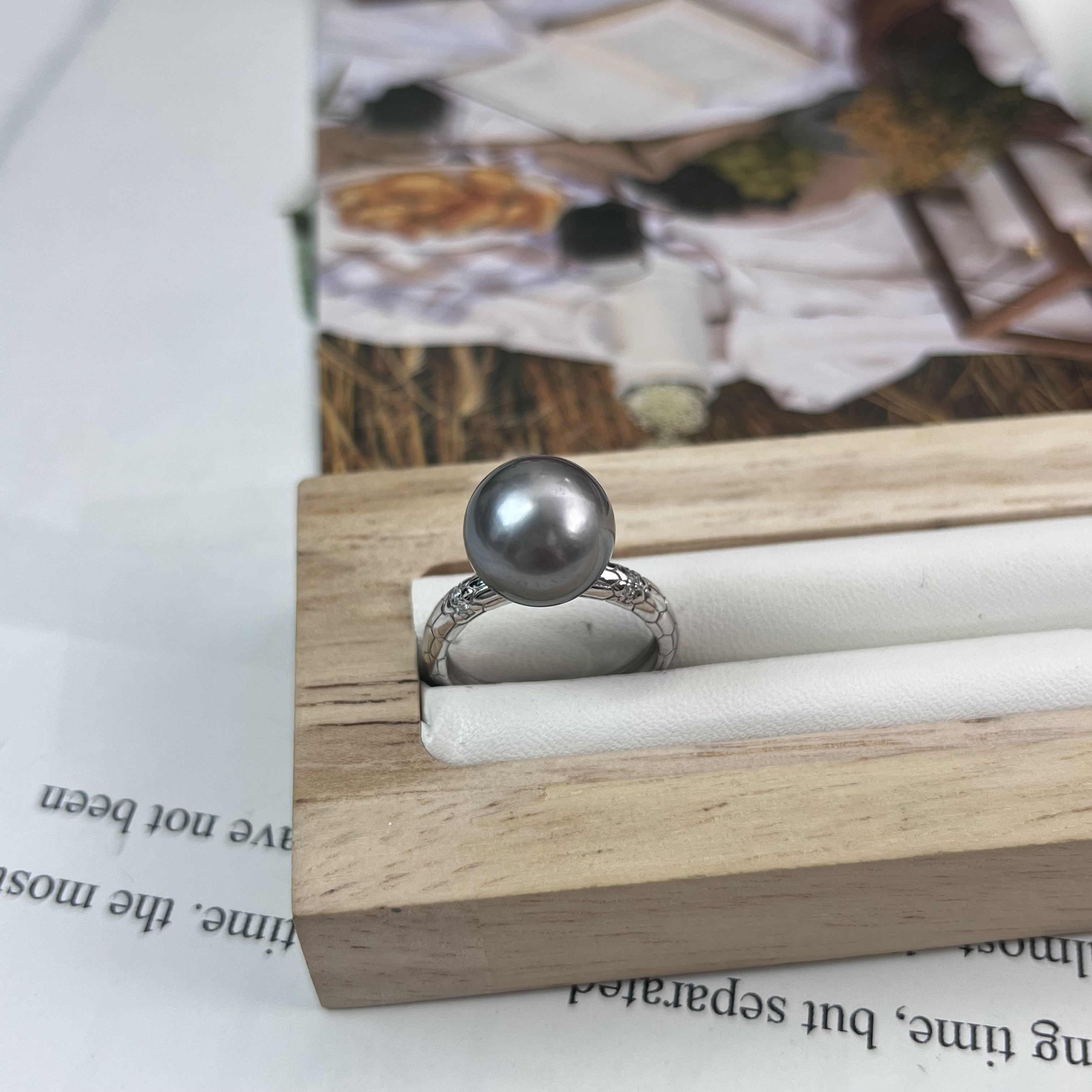 天然海水珍珠大溪地铂金灰11-12mm戒指LY