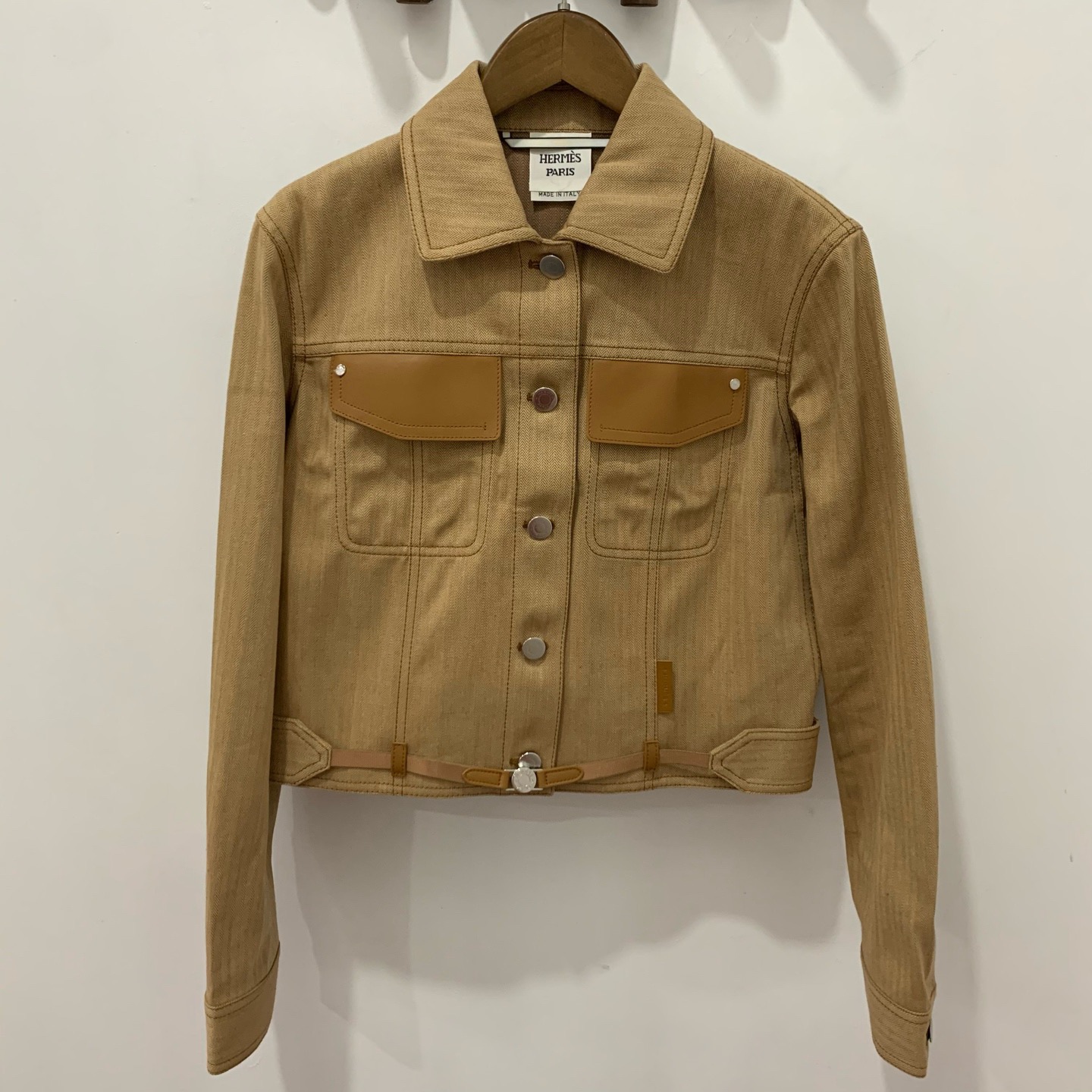 99新 Hermes/爱马仕 卡其色拼皮后背镂空夹克外套38码
