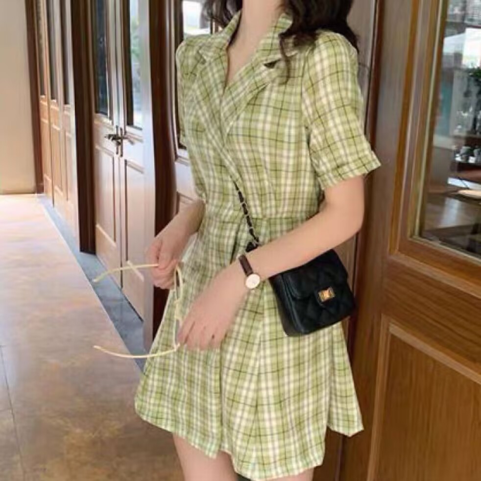 （以直播为准）2025气质格子西装翻领连衣裙