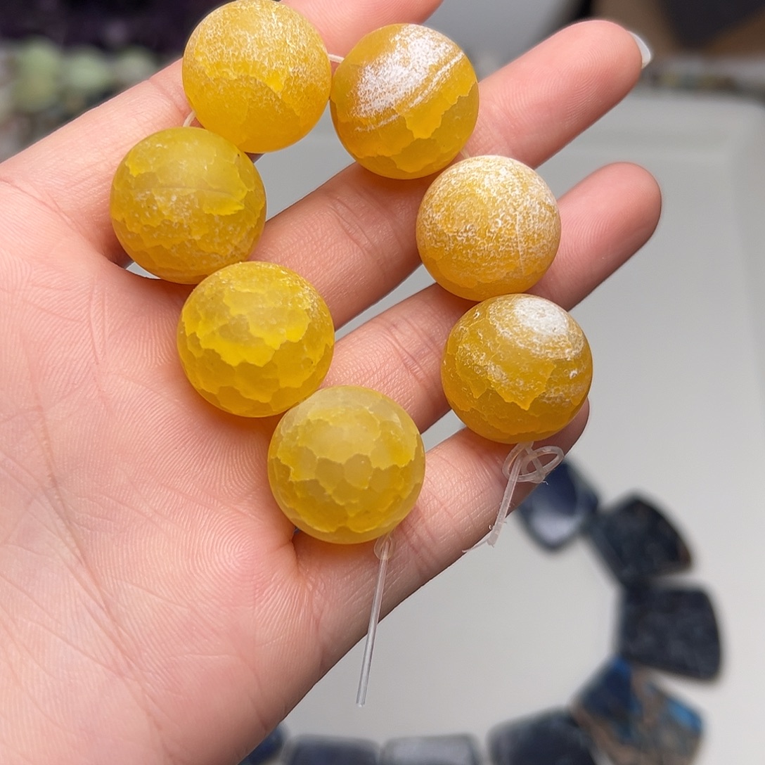 狮***覔玛瑙/玉髓合金珠宝半成品N78。19.7mm柠檬黄圆珠七个