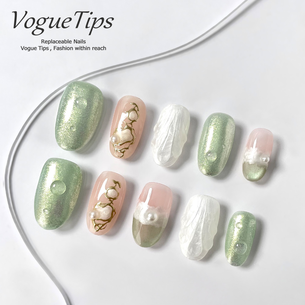 VogueTips 薄荷凝珠ins风纯手工穿戴甲高品质成品甲片短椭圆ZB646