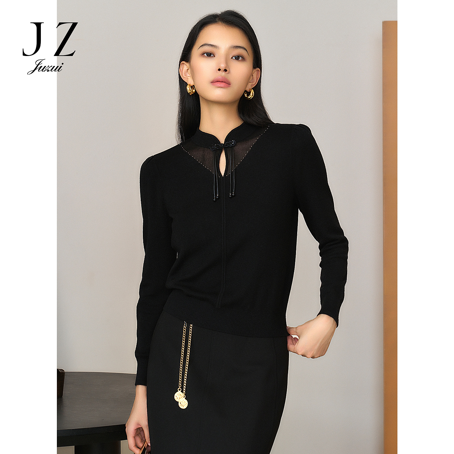 商场同款JZ玖姿JWED31015新中式盘扣羊毛针织衫女冬季