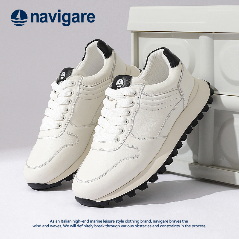 Navigare意大利小帆船男士休闲鞋2025春秋新款头层牛皮白色运动鞋