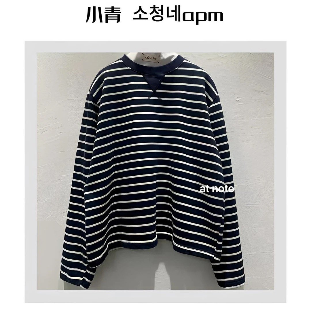 韩国东大门 AT N/领口三角形后口袋小标条纹磨毛卫衣T恤