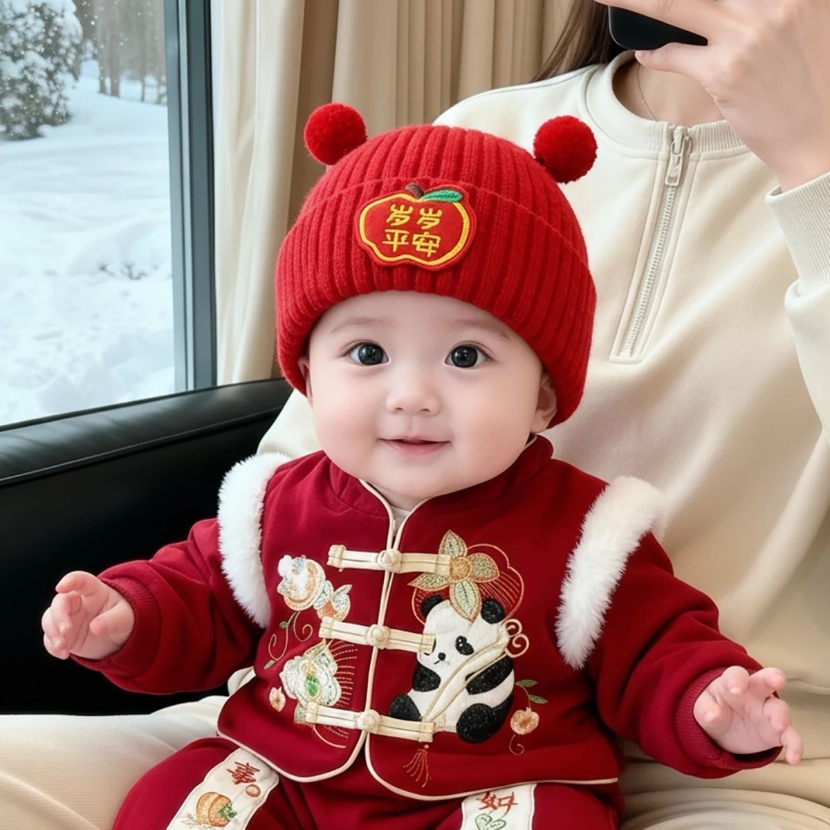 婴儿红色帽子秋冬季保暖加厚针织毛线帽男童女宝宝新年喜庆套头帽