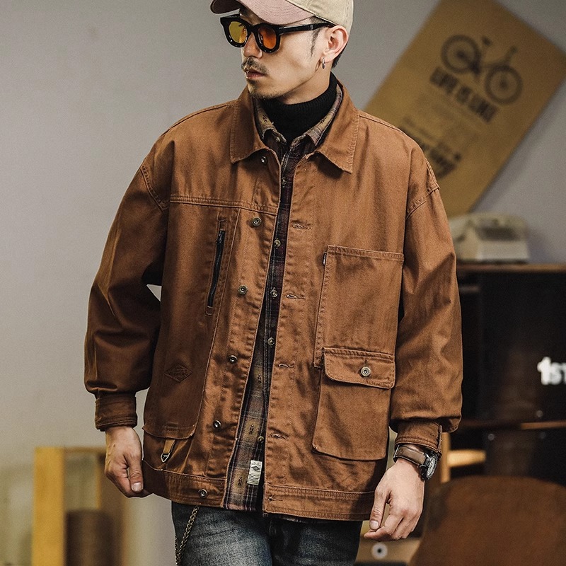 美式工装鱼骨纹夹克男士春秋款阿美咔叽硬汉猎装多口袋外套男装潮