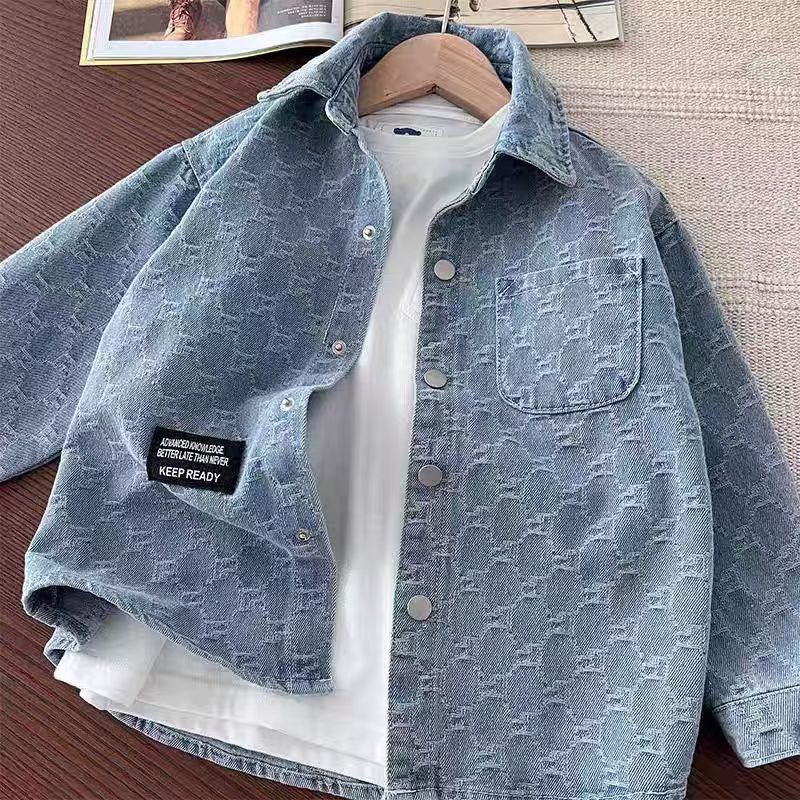 男童牛仔衬衫2025春秋新款提花儿童长袖休闲外套薄衬衣中大童衬衫