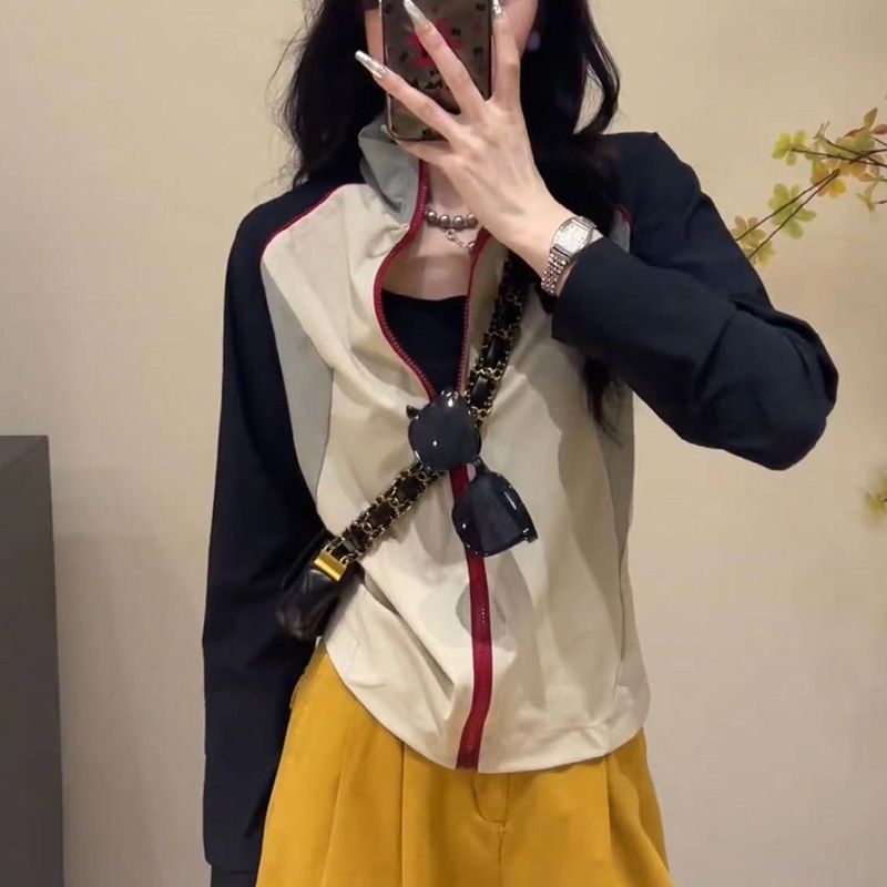 2025 立领复古高级感撞色连帽万能短外套女秋季插肩袖长袖 两穿