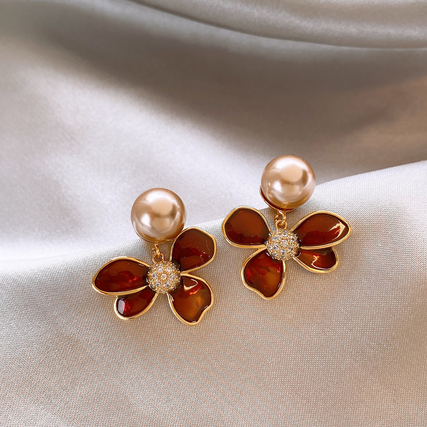 铜合金珐琅耳饰 法式咖色美拉德珐琅花朵耳环轻奢高级感耳饰