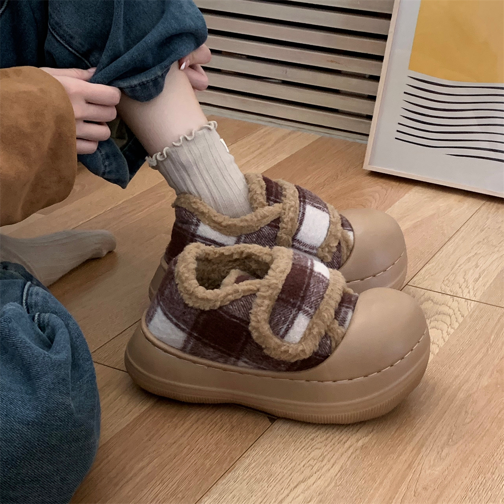 细细条 学生厚底外穿魔术贴亲子毛毛鞋撞色格子防滑面包鞋棉鞋冬