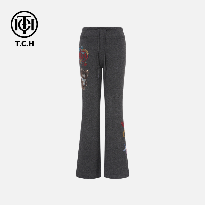TCH【时尚微喇】冬款加绒百搭烫钻慵懒风深灰色休闲裤T75D20E1149