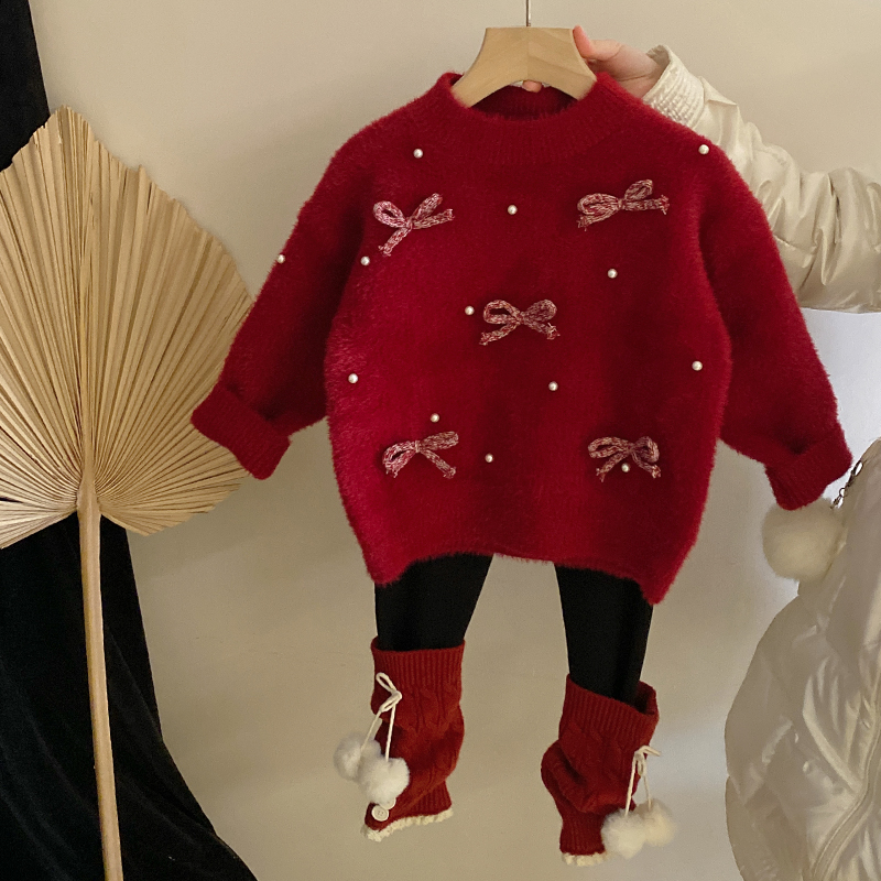 R24582女童软糯立体蝴蝶结针织毛衣2024秋冬新款加绒打底裤套装潮