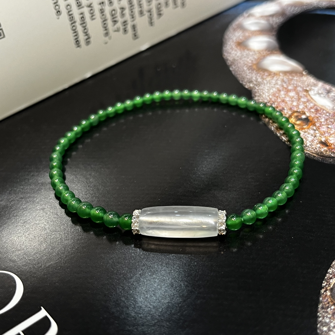 优翠珠宝18K金翡翠手串玻璃种方条路路通7-20-6mm冰绿小米珠4-3mm