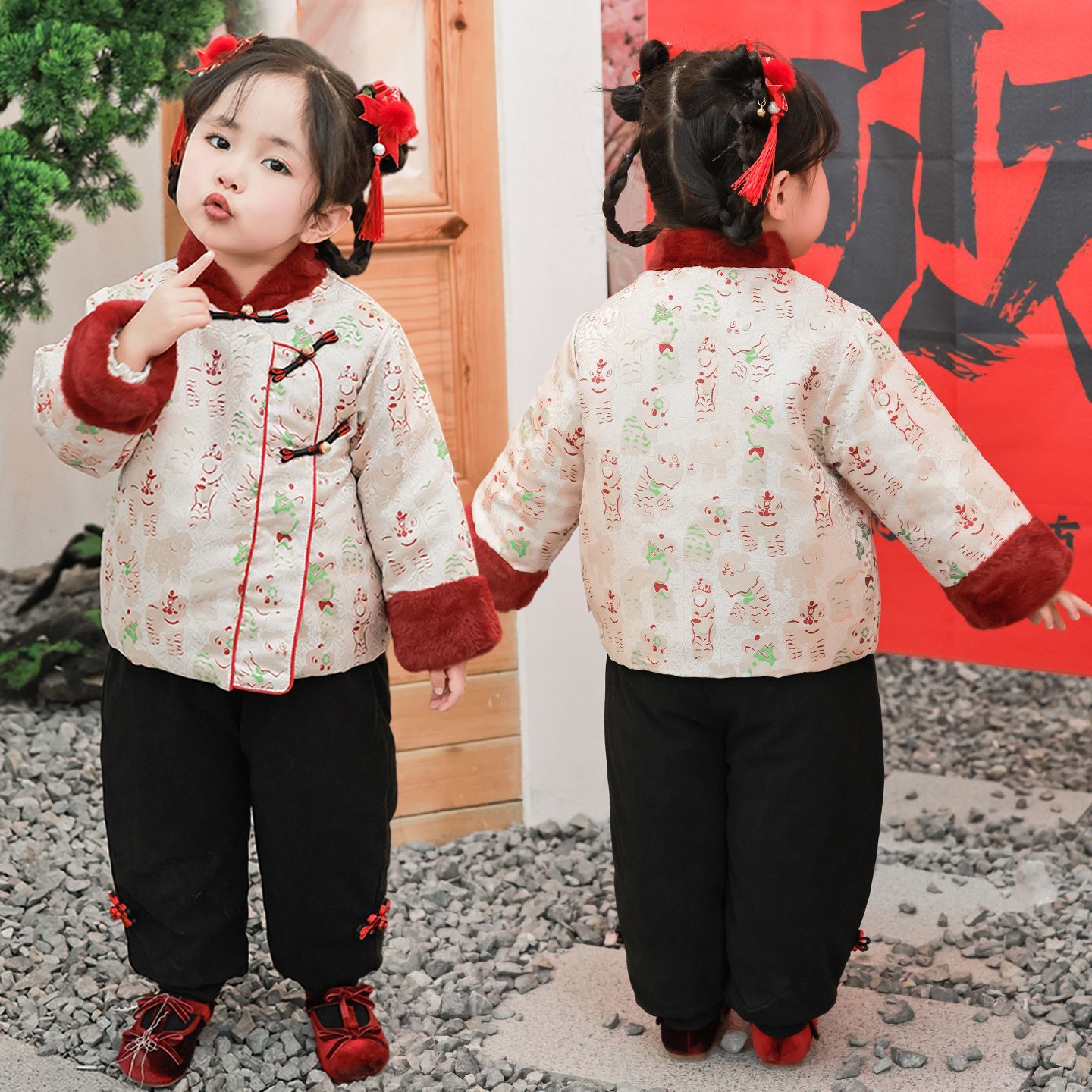 中国风醒狮男女童拜年服